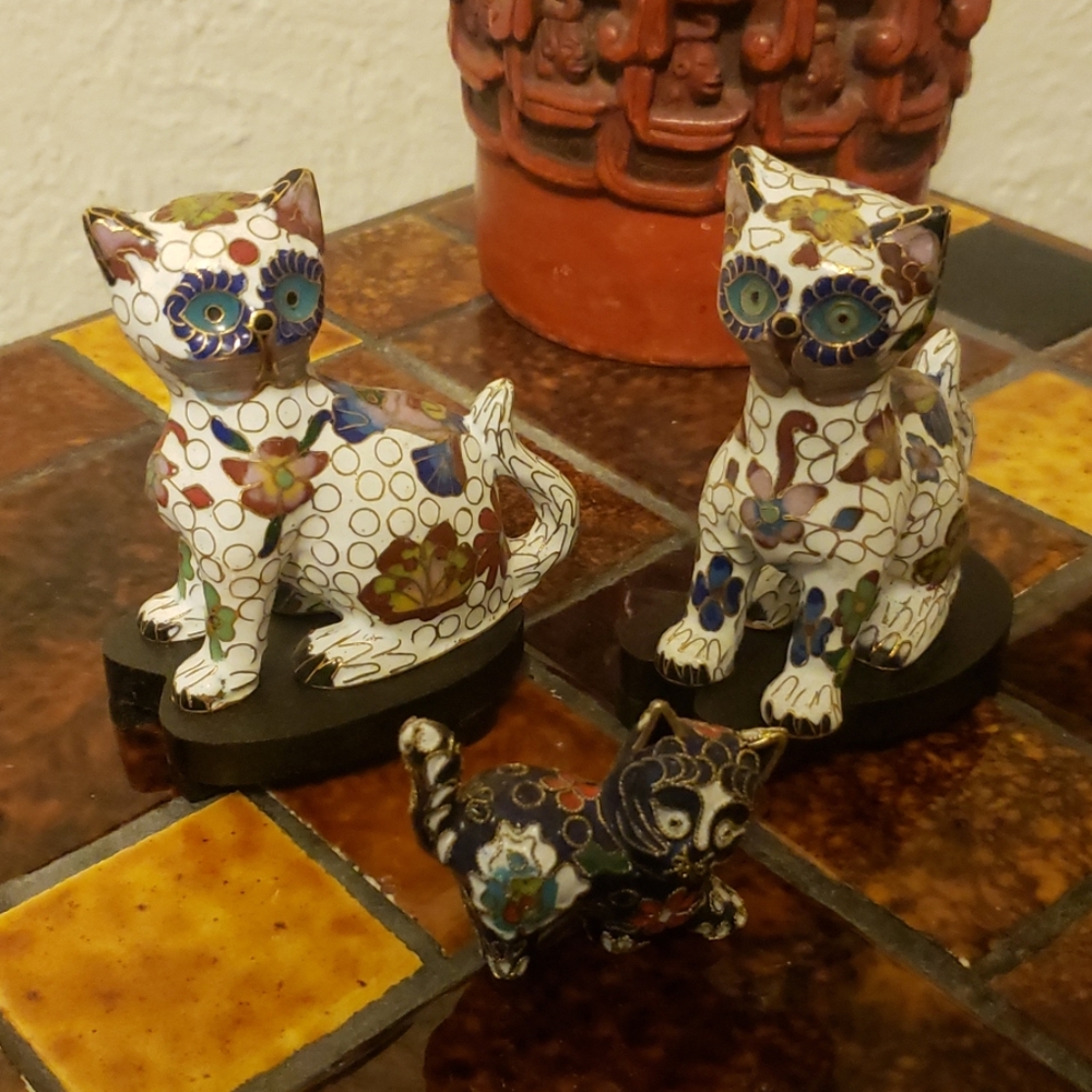 3 Vintage Cloisonne Enamel Cats on Stands